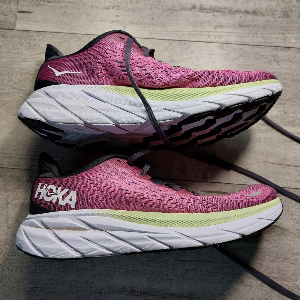 Hoka Clifton 8 Women's Pink and Lime Road Running Shoes